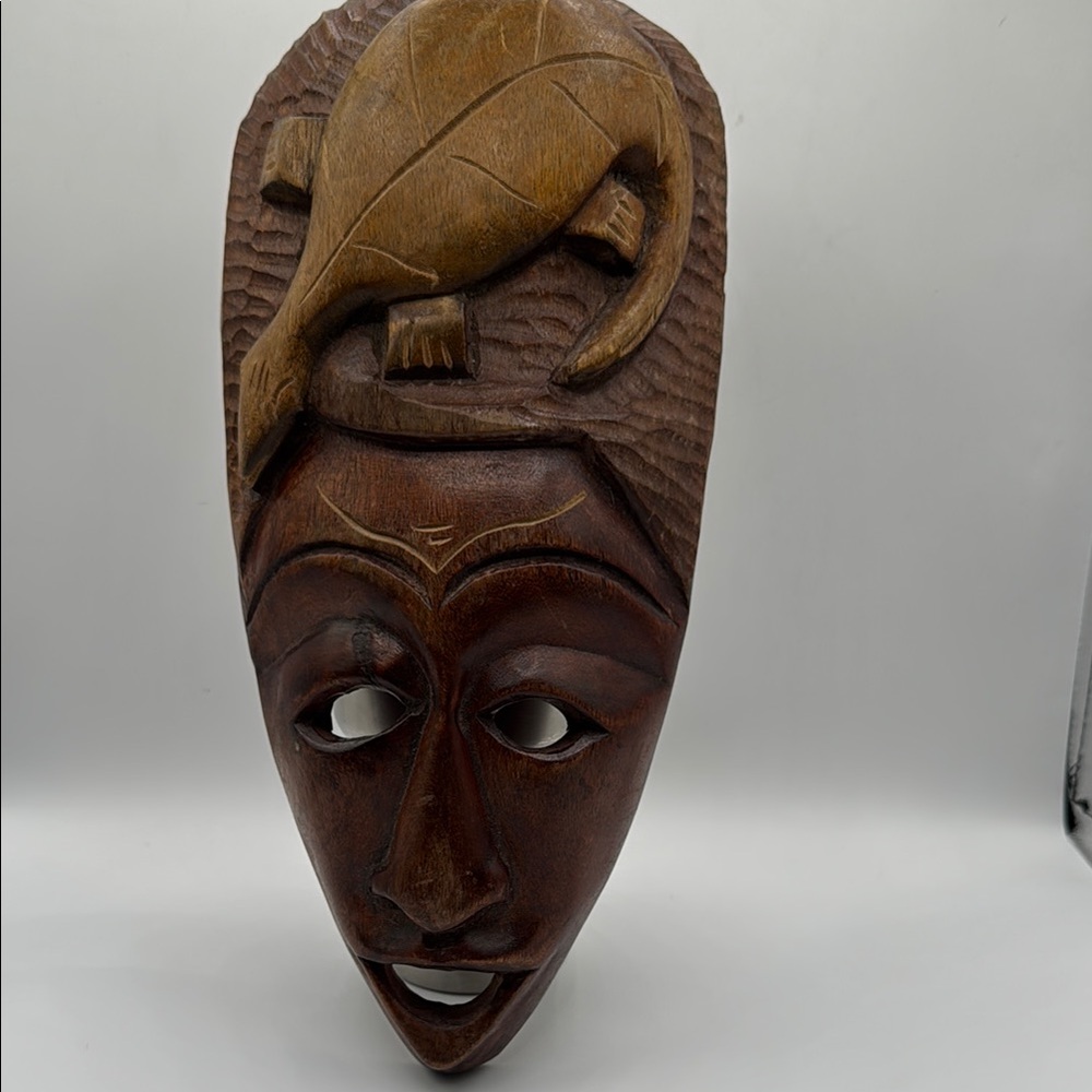 African Mask wooden Hanging Art Decor Large 13” vintage “Lucky Turtle”